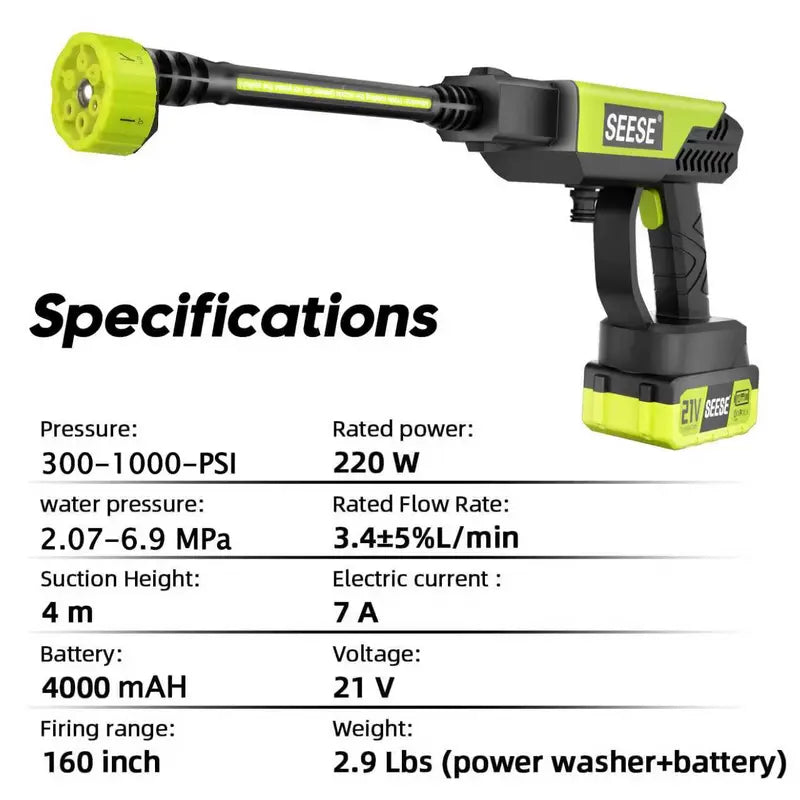 SEESE Cordless Pressure Washer Gun, 1000 PSI Portable Electric Washer for Vehicle, Driveway & Deck - Ergonomic Handle Design with 30Min Runtime & 6-In-1 Nozzle