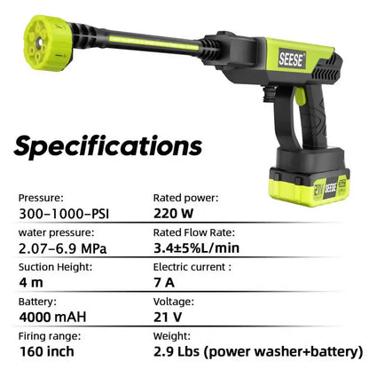 SEESE Cordless Pressure Washer Gun, 1000 PSI Portable Electric Washer for Vehicle, Driveway & Deck - Ergonomic Handle Design with 30Min Runtime & 6-In-1 Nozzle